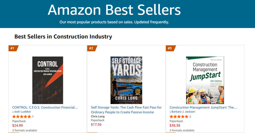 Amazon's Best Sellers list for the Construction Industry. CONTROL by Josh Luebker is ranked number 1, ahead of the books at numbers 2 and 3.